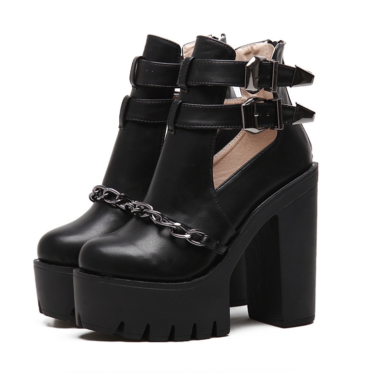Chains and Whips Thick Heel Boots | Onyx Bunny