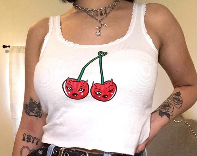Cherry devil. Женский топ с вишней. Маечка с вишней. Cherry Tank. Crop Vest.