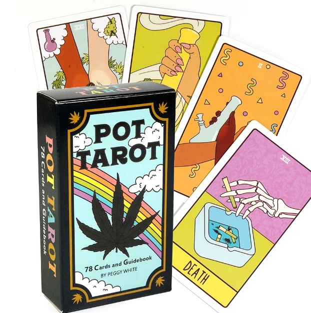 An image featuring the Pot Tarot Deck, showcasing vibrant, marijuana-themed artwork on each card.