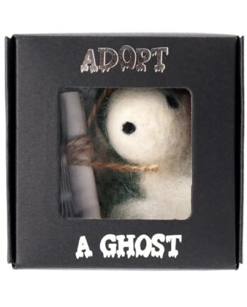 Wool felt white ghost nestled in black cardboard box with transparent lid