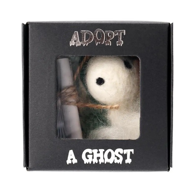 Wool felt white ghost nestled in black cardboard box with transparent lid