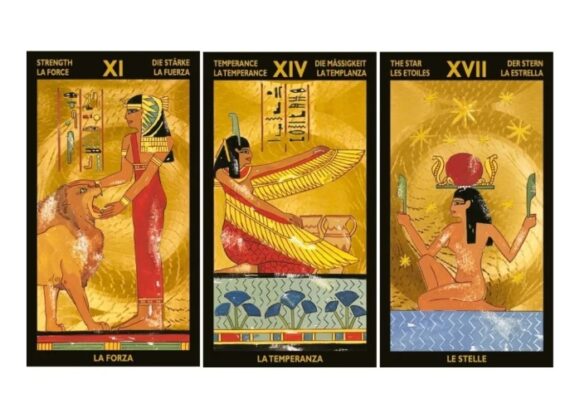 Tarot cards from Nefertari deck featuring iconic Egyptian imagery