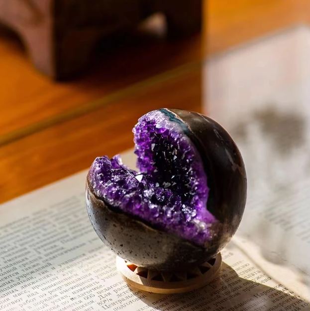 1.8-inch Brazilian Amethyst Geode Cluster Sphere showcasing natural purple crystals.